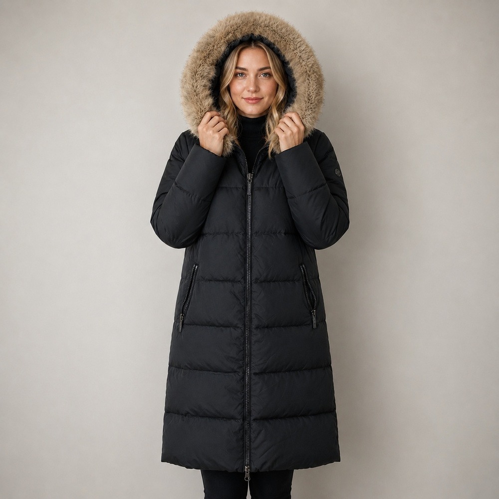 Michael Kors Down Puffer Coat Sz‎ L Black Faux Fur Hooded Parka Quilted Long